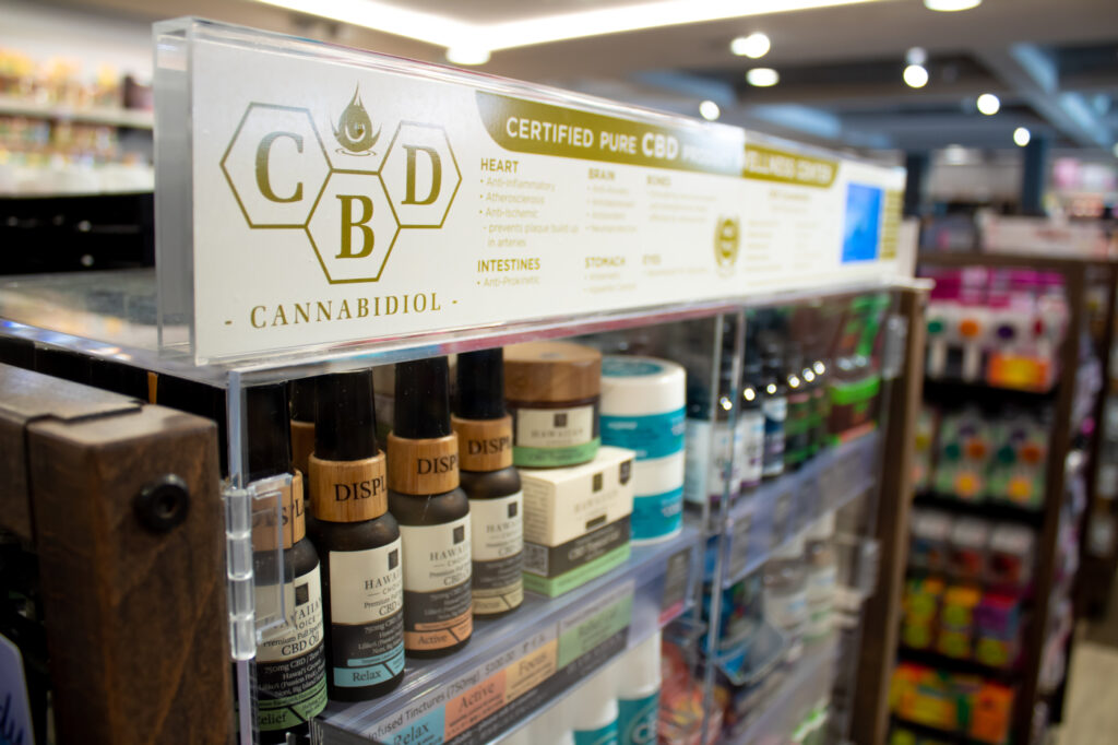 CBD producers products on display in store. Photo by Kevin McGovern.